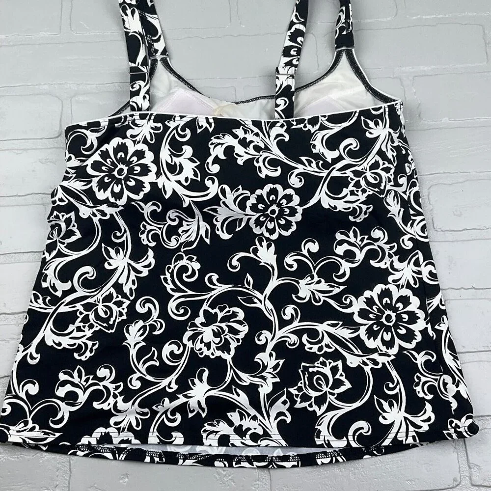 Lands End Swim Top Women 12A Black White Floral Bra Pads Wide Tankini Boho Beach